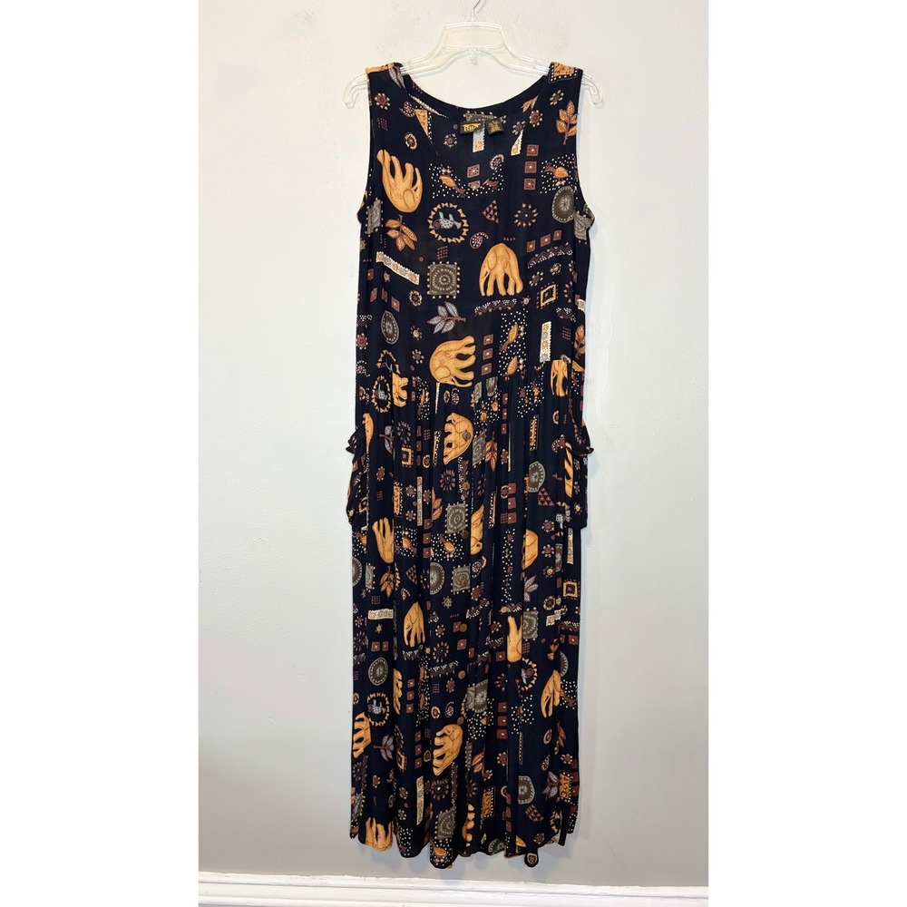 Bila Elephant Print Rayon Maxi Dress Navy Blue Boho Sleeveless V-Neck Medium